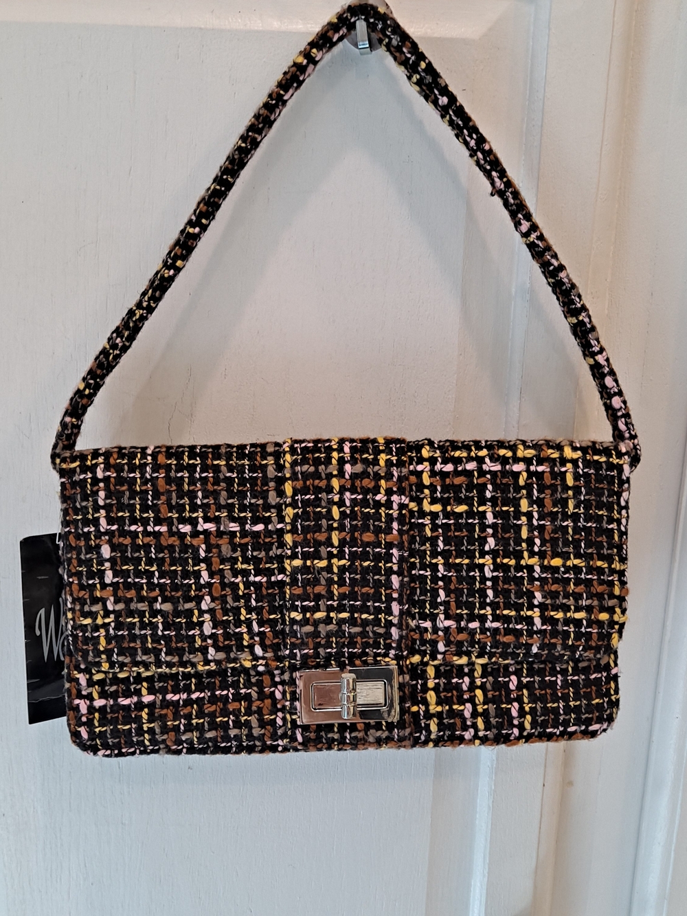 Wild Rose Black Pink Yellow Brown  Tweed Woven Baguette Shoulder Bag NWT